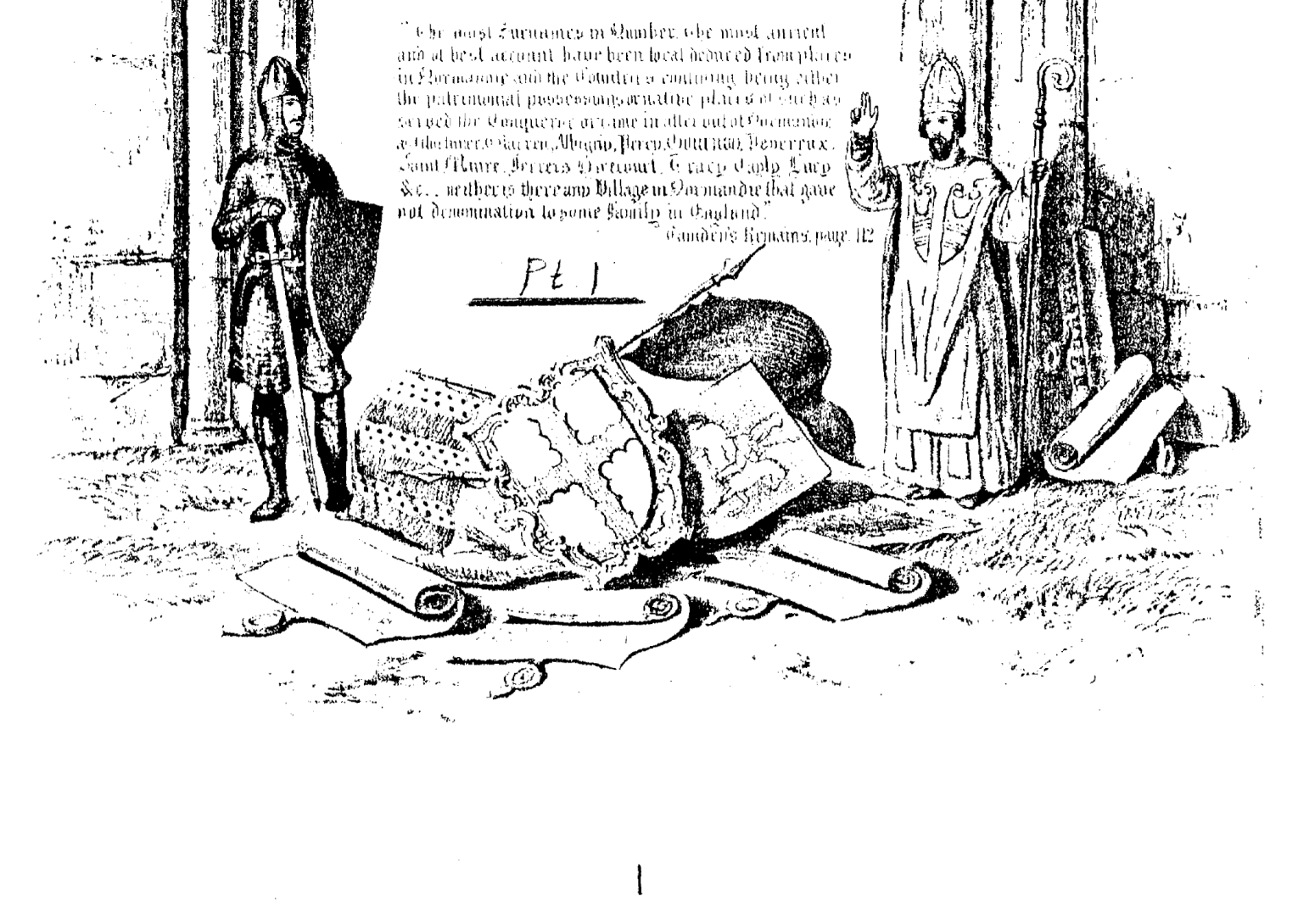 Frontispiece illustration from Daniel Gurney's Record of the House of Gournay, showing a Norman warrior and bishop beneath a Romanesque arch