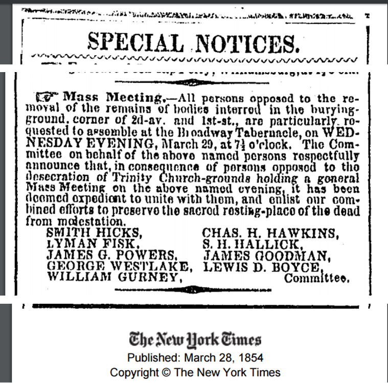 New York Times special notice for the Trinity cemetery meeting chaired by William Gurney